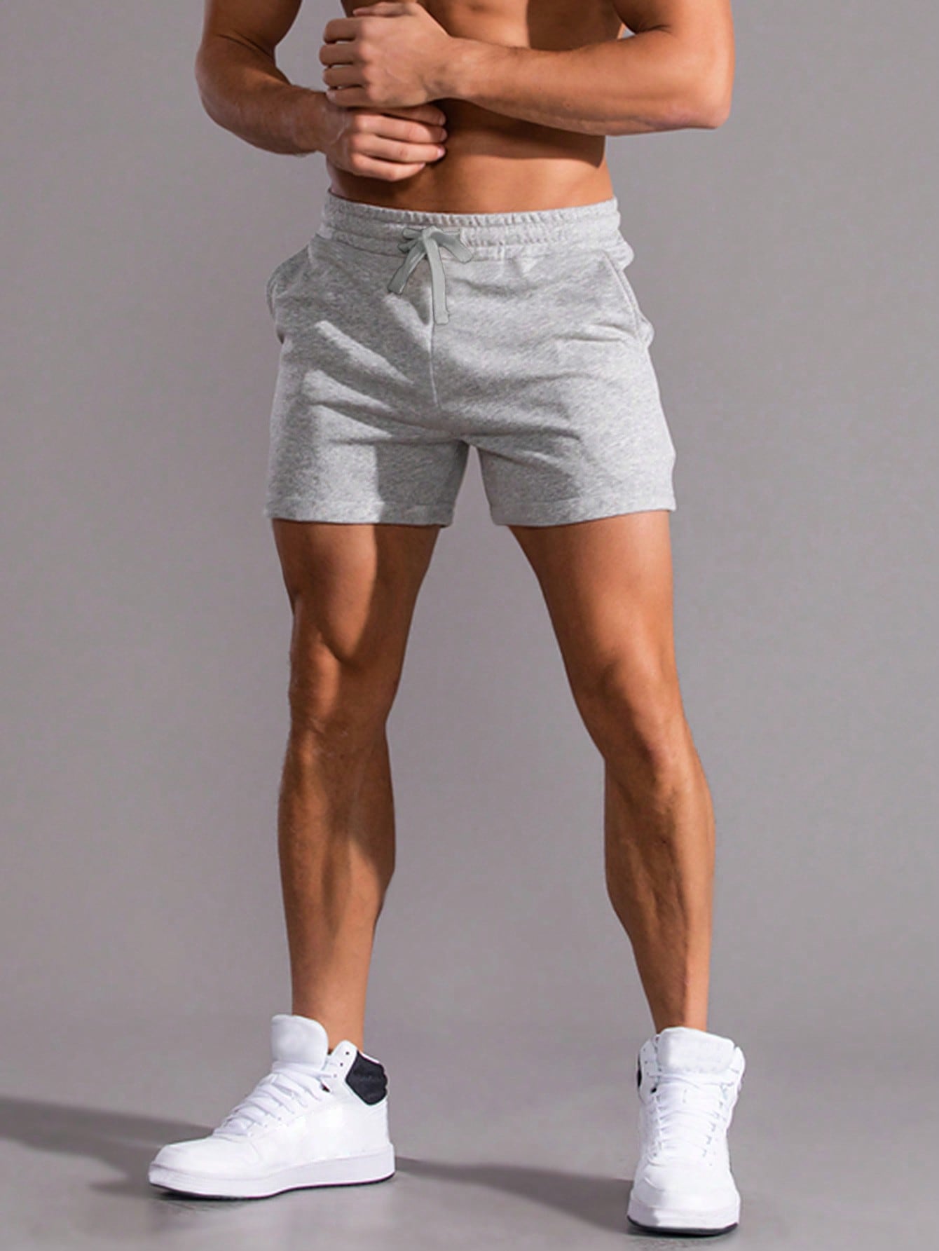 Manfinity Homme Men Drawstring Waist Shorts Jogger Plain Light Grey Gym Athletic Light Grey