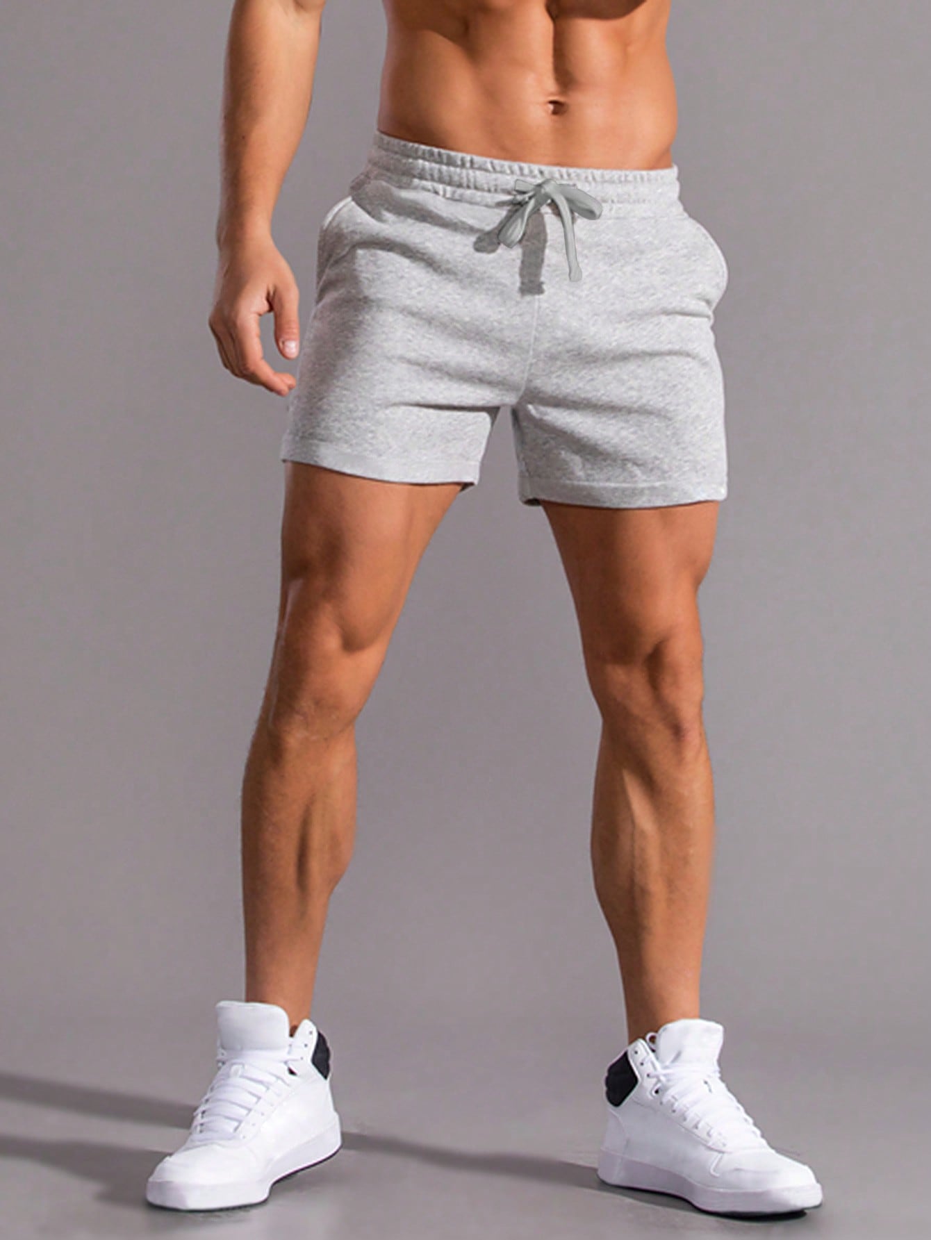 Manfinity Homme Men Drawstring Waist Shorts Jogger Plain Light Grey Gym Athletic Light Grey