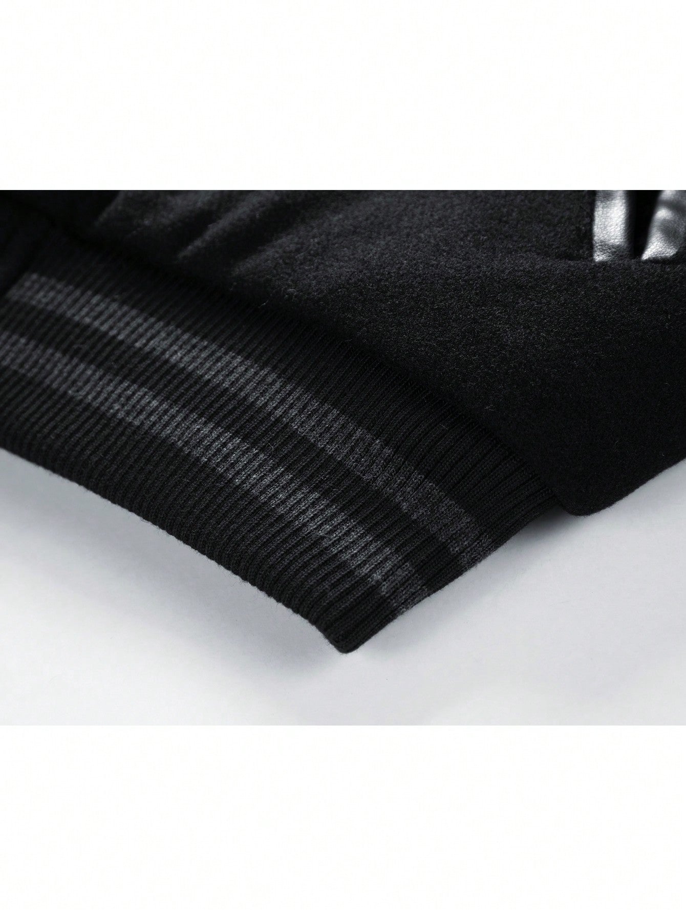 Men Letter Patched Striped Trim PU Leather Sleeve Jacket Black
