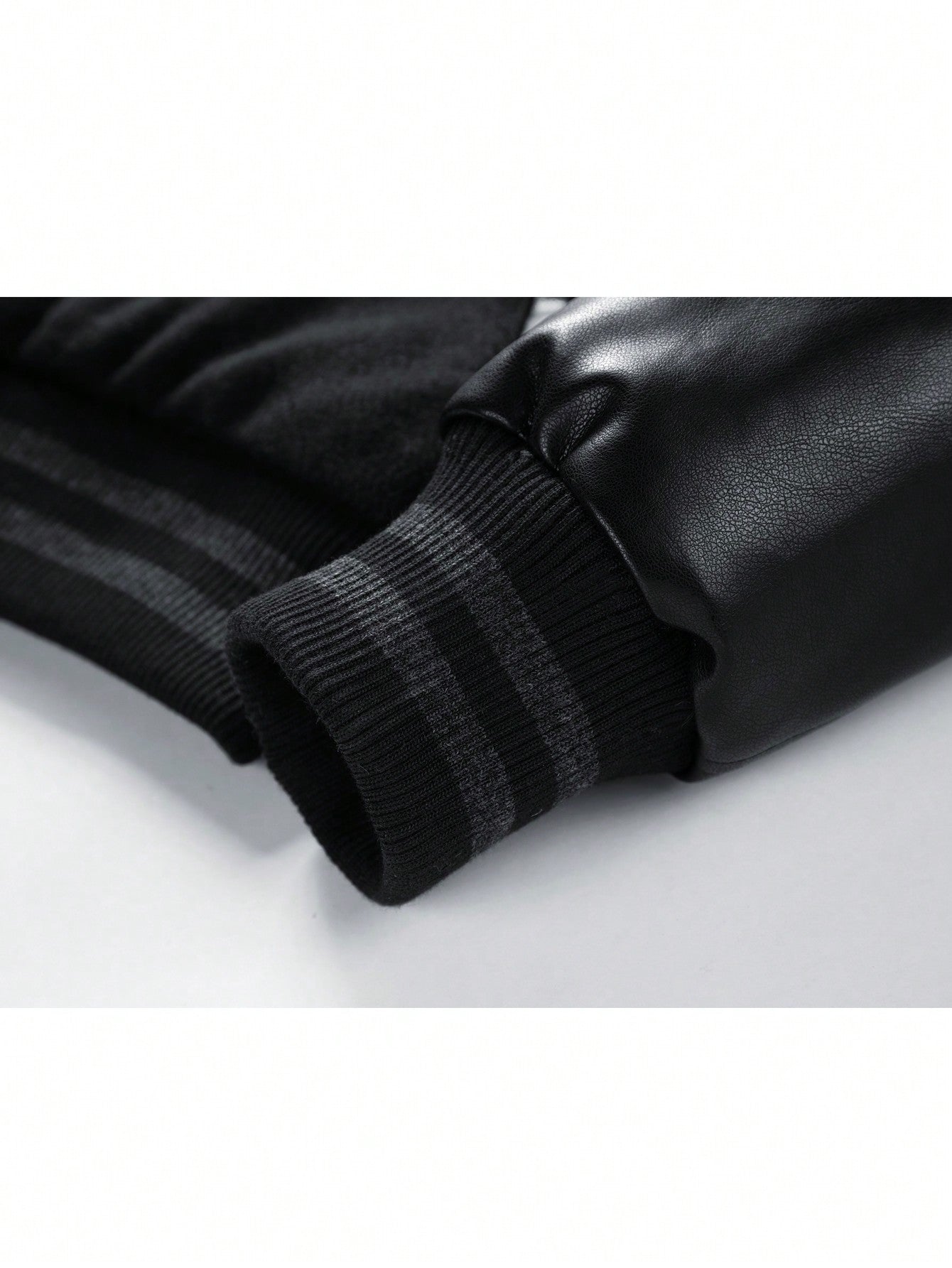 Men Letter Patched Striped Trim PU Leather Sleeve Jacket Black