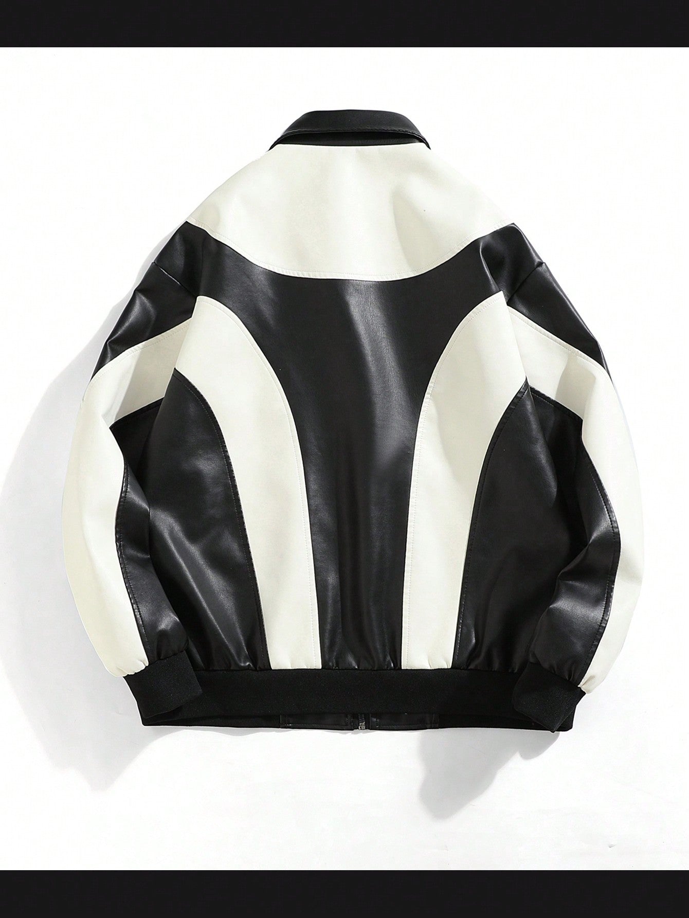 Men Two Tone Zip Up PU Leather Jacket Black and White