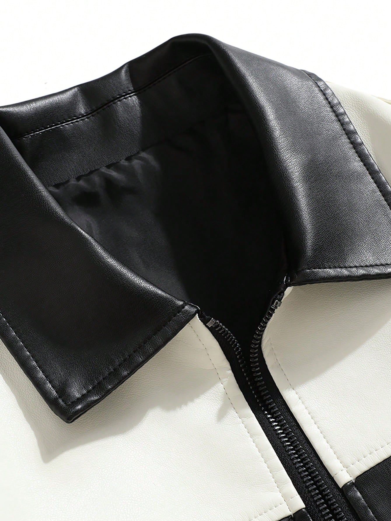 Men Two Tone Zip Up PU Leather Jacket Black and White