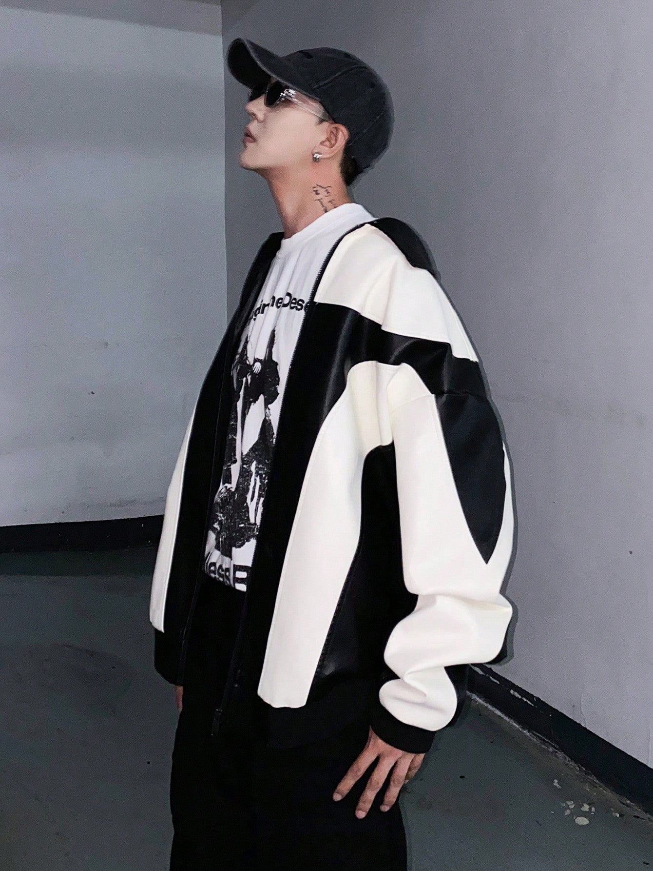 Men Two Tone Zip Up PU Leather Jacket Black and White