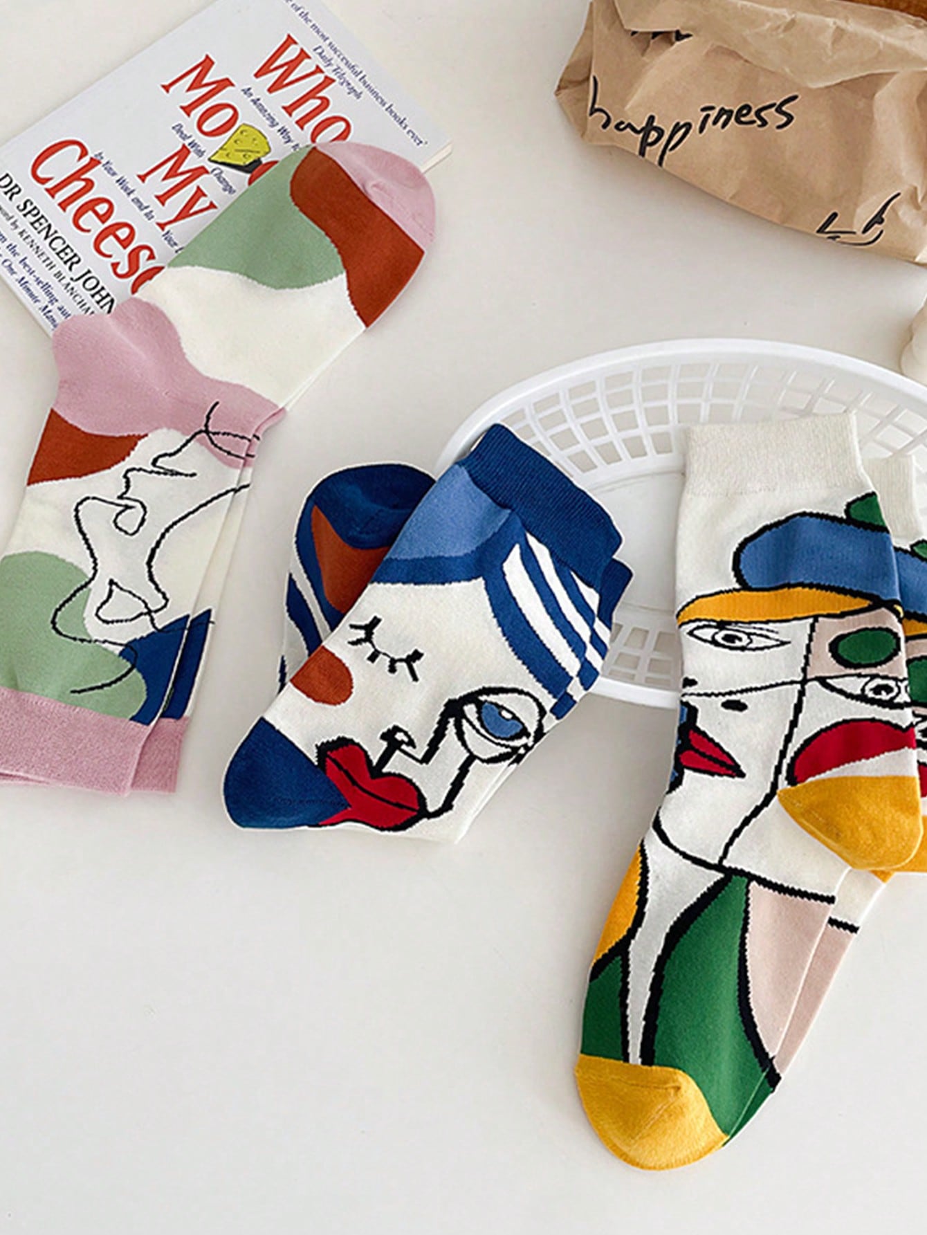 5pairs/Set Men's Colorful Face & Line Pattern Mid-Calf Socks Multicolor