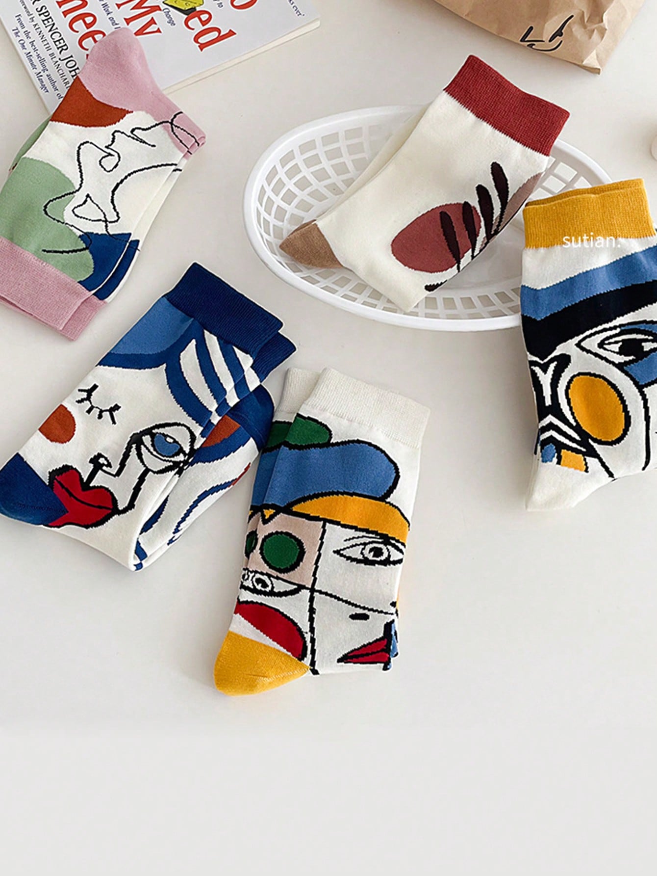 5pairs/Set Men's Colorful Face & Line Pattern Mid-Calf Socks Multicolor
