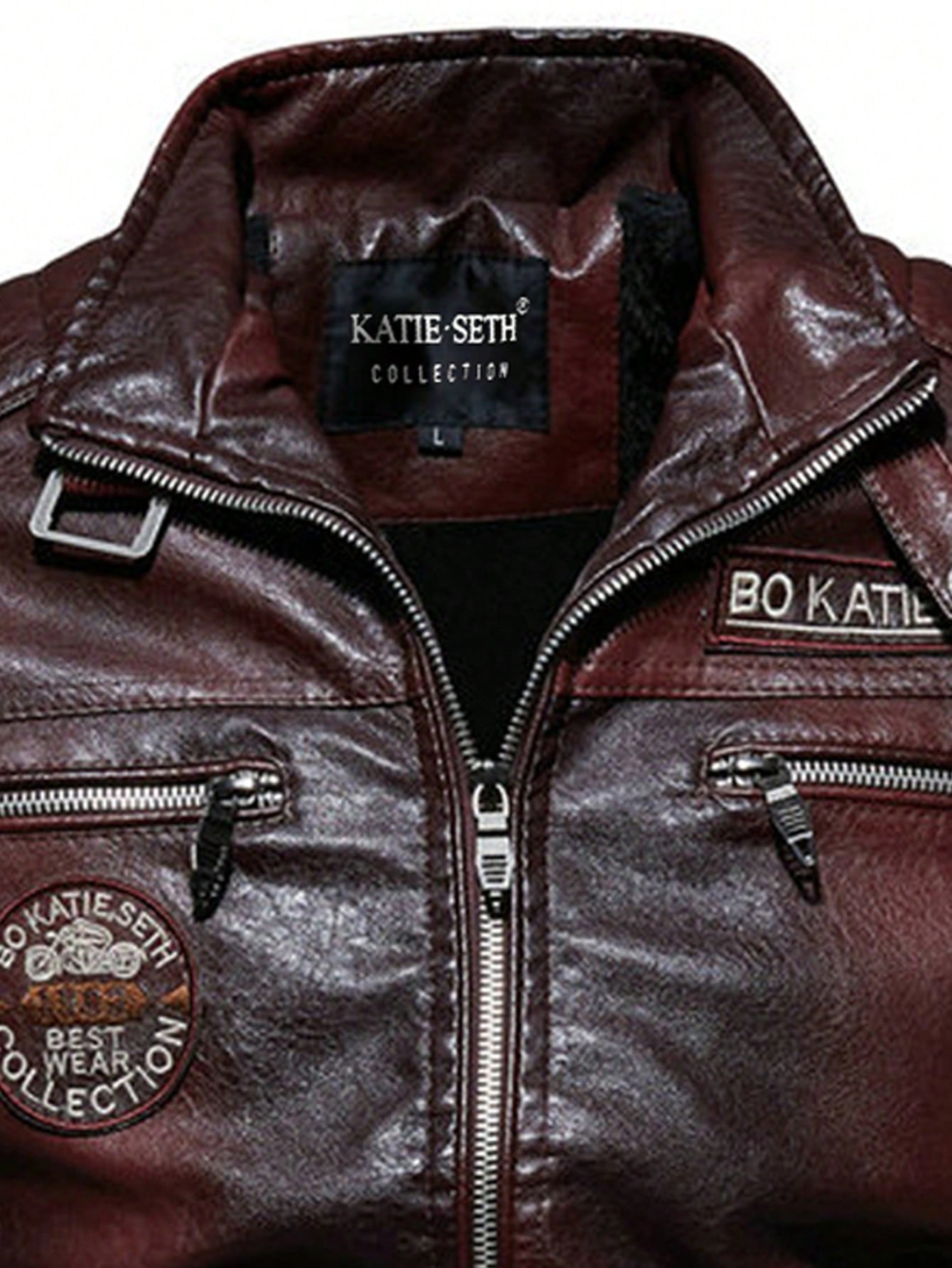 Men Letter Patched Zip Up PU Leather Jacket Burgundy