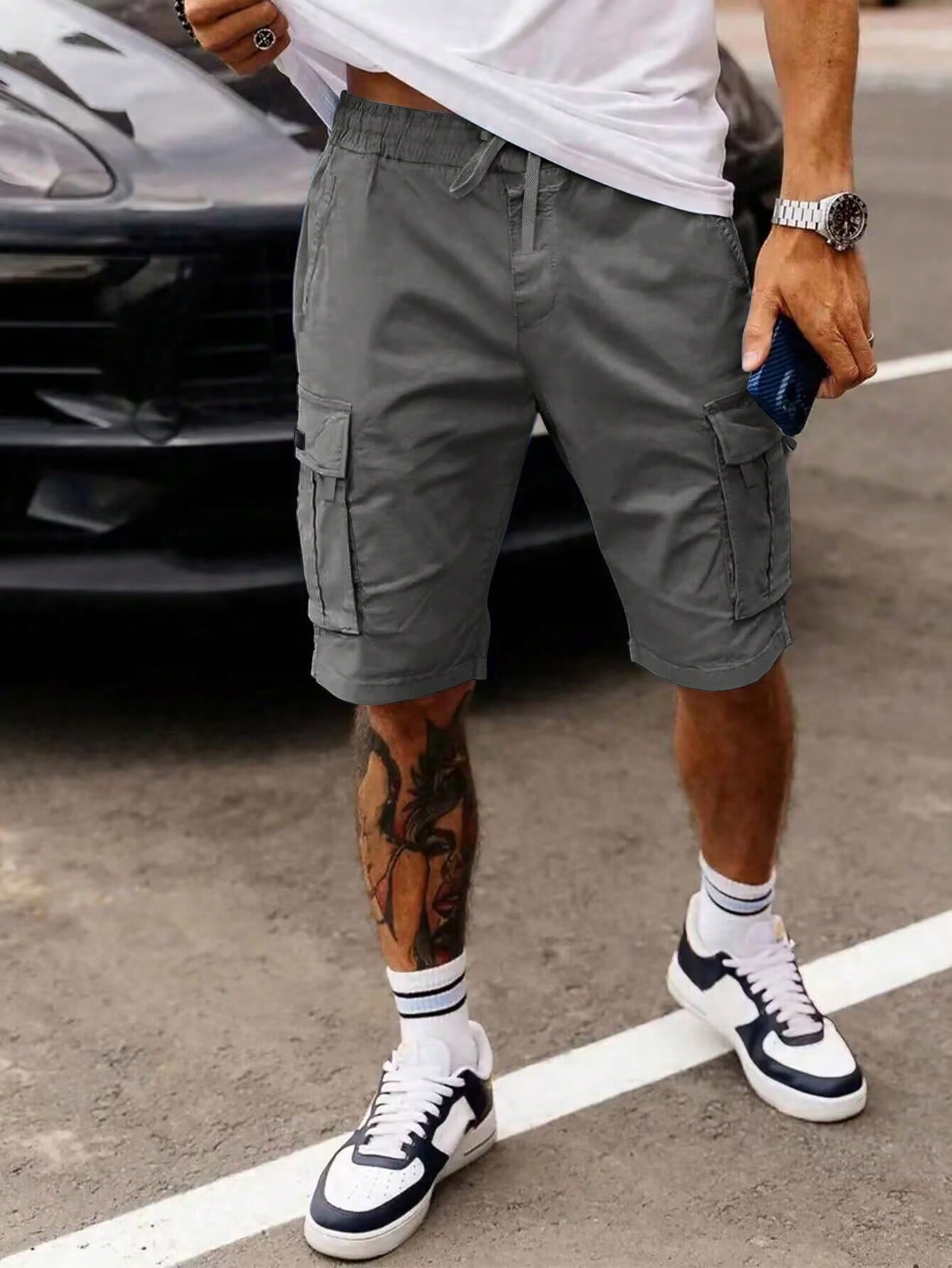 Manfinity EMRG Men's Loose Fit Drawstring Waist Flip Pocket Cargo Shorts Dark Grey