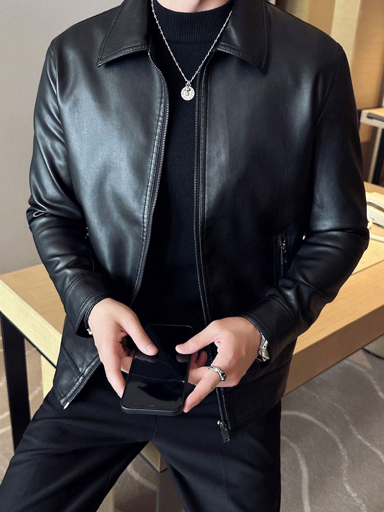Men's Fashionable Pu Leather Jacket, Spring & Autumn Motorcycle Coat For Outdoor Activities Black