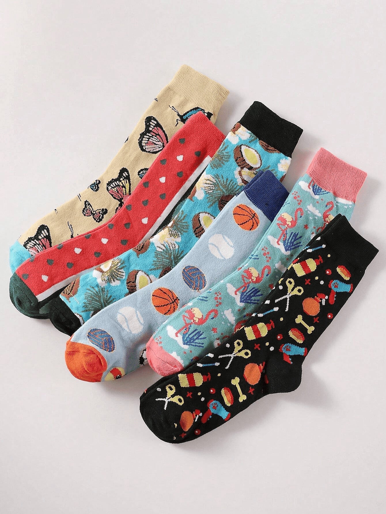 10pairs/Set Men's Mid-Calf Socks In Random Design With Basketball & Butterfly Printed, Soft, Comfortable, Anti-Odor & Moisture Absorbing Multicolor