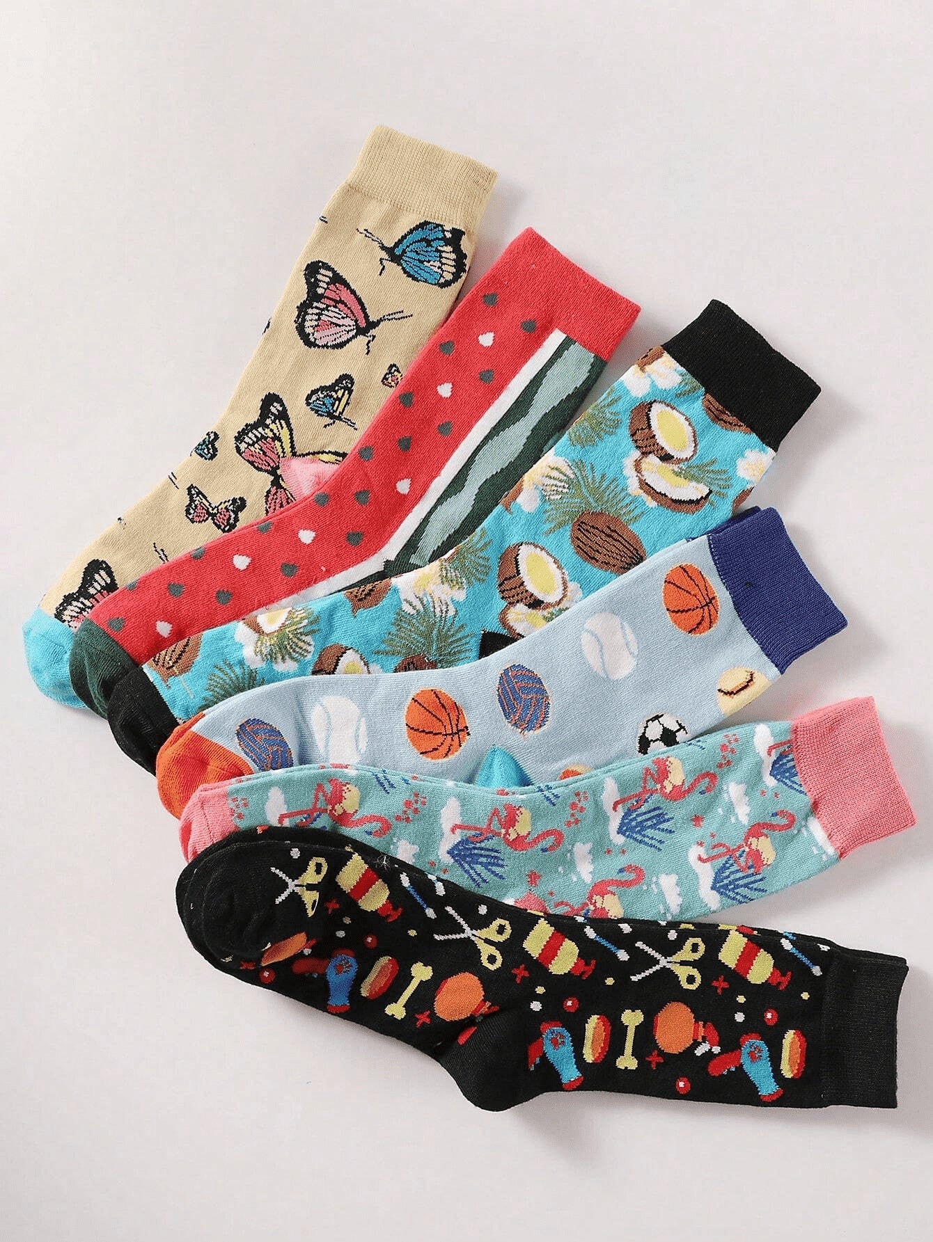 10pairs/Set Men's Mid-Calf Socks In Random Design With Basketball & Butterfly Printed, Soft, Comfortable, Anti-Odor & Moisture Absorbing Multicolor