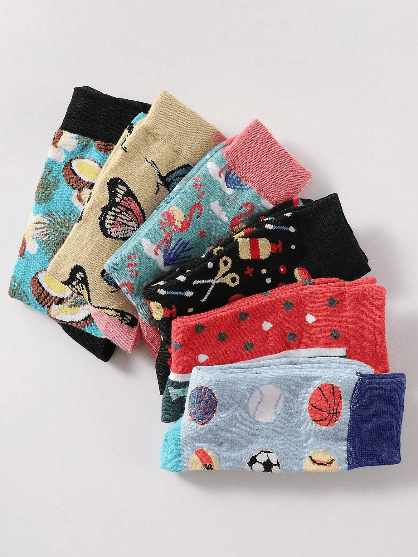 10pairs/Set Men's Mid-Calf Socks In Random Design With Basketball & Butterfly Printed, Soft, Comfortable, Anti-Odor & Moisture Absorbing Multicolor