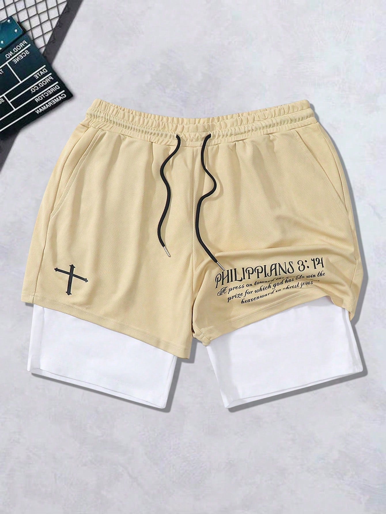 Manfinity LEGND Men's Slogan & Cross Printed Drawstring Waist Casual Double-Layer Shorts, For Husband, Boyfriend Gifts Multicolor