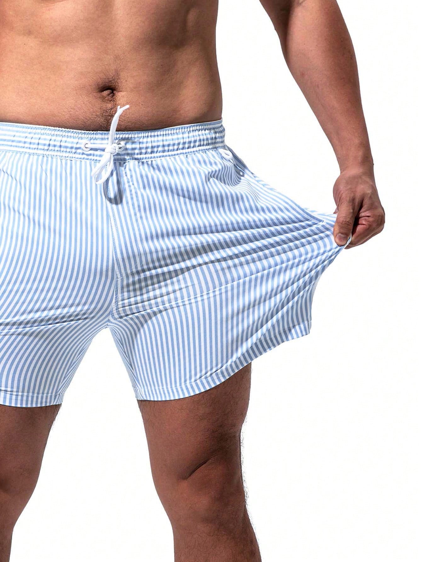 Manfinity Swimmode Men Vertical Striped Drawstring Waist Swim Trunks Blue and White