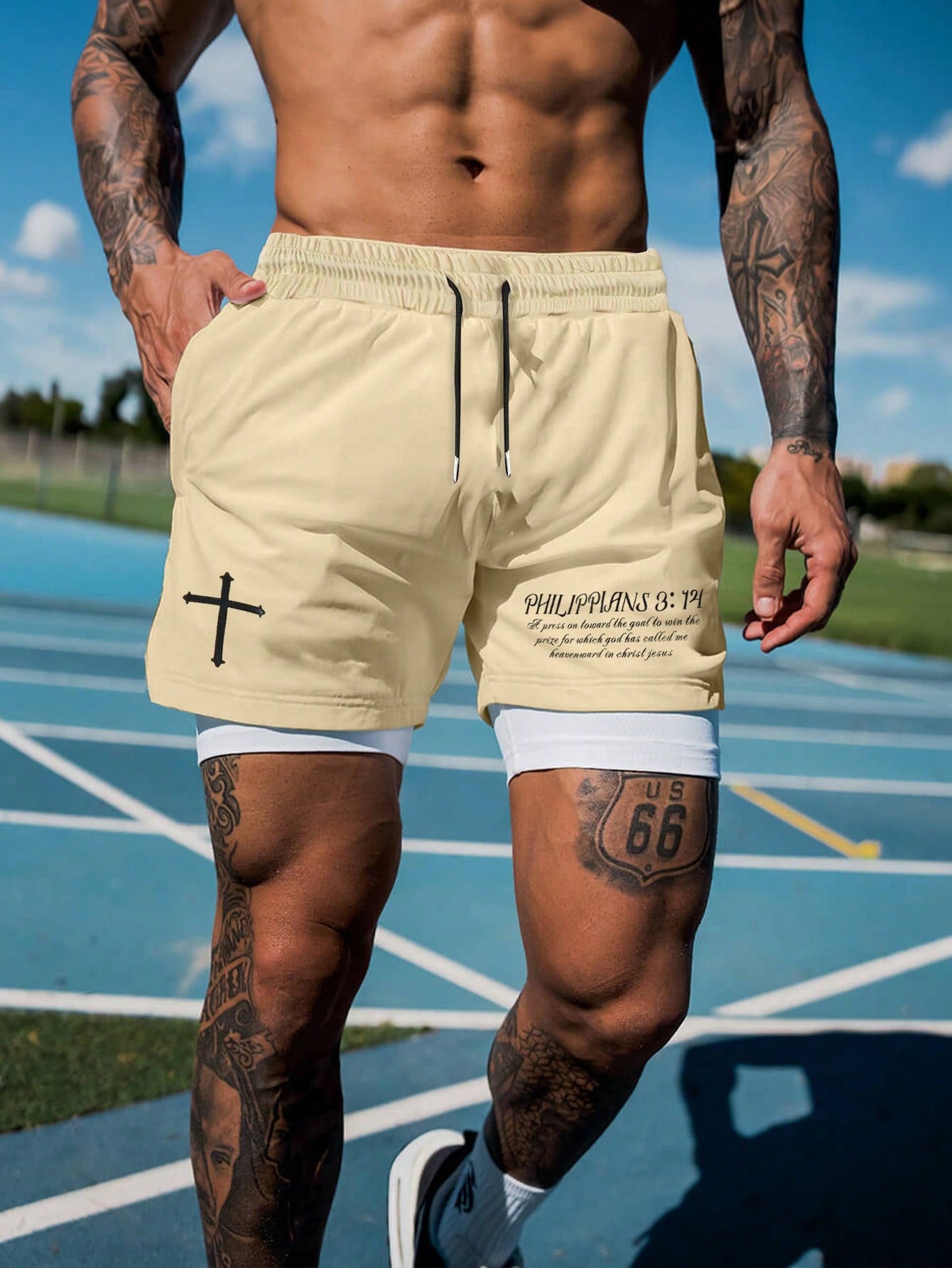 Manfinity LEGND Men's Slogan & Cross Printed Drawstring Waist Casual Double-Layer Shorts, For Husband, Boyfriend Gifts Multicolor
