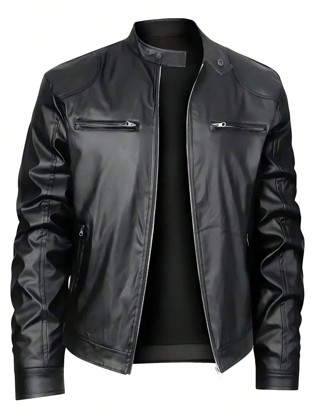 Men's Stand Collar Fitted Faux Leather Jacket With Zipper Pockets, Motorcycle Style Black