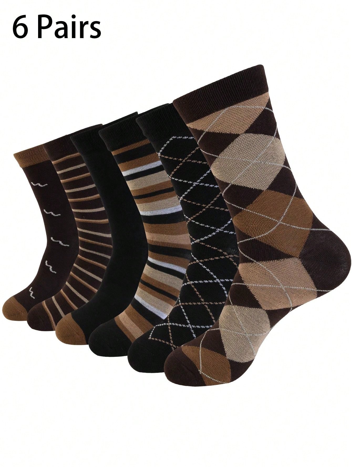 6 Pairs Men's Colorful Diamond Plaid Pattern Breathable Casual Dress Socks Multicolor
