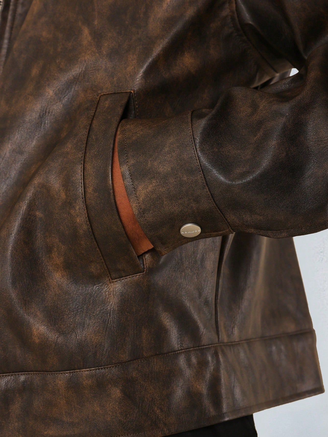 SUMWON Cropped Washed PU Worker Jacket Brown