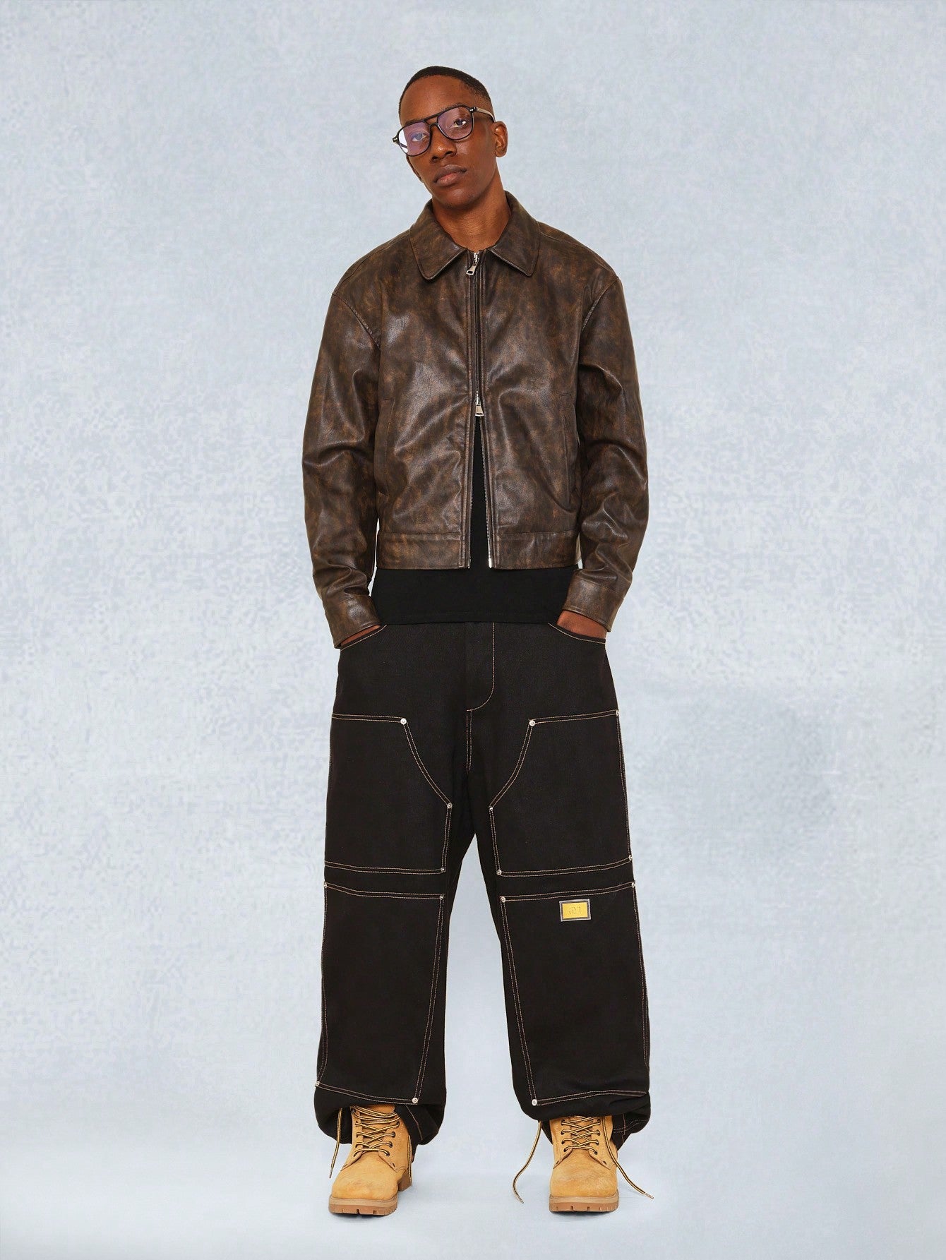 SUMWON Cropped Washed PU Worker Jacket Brown
