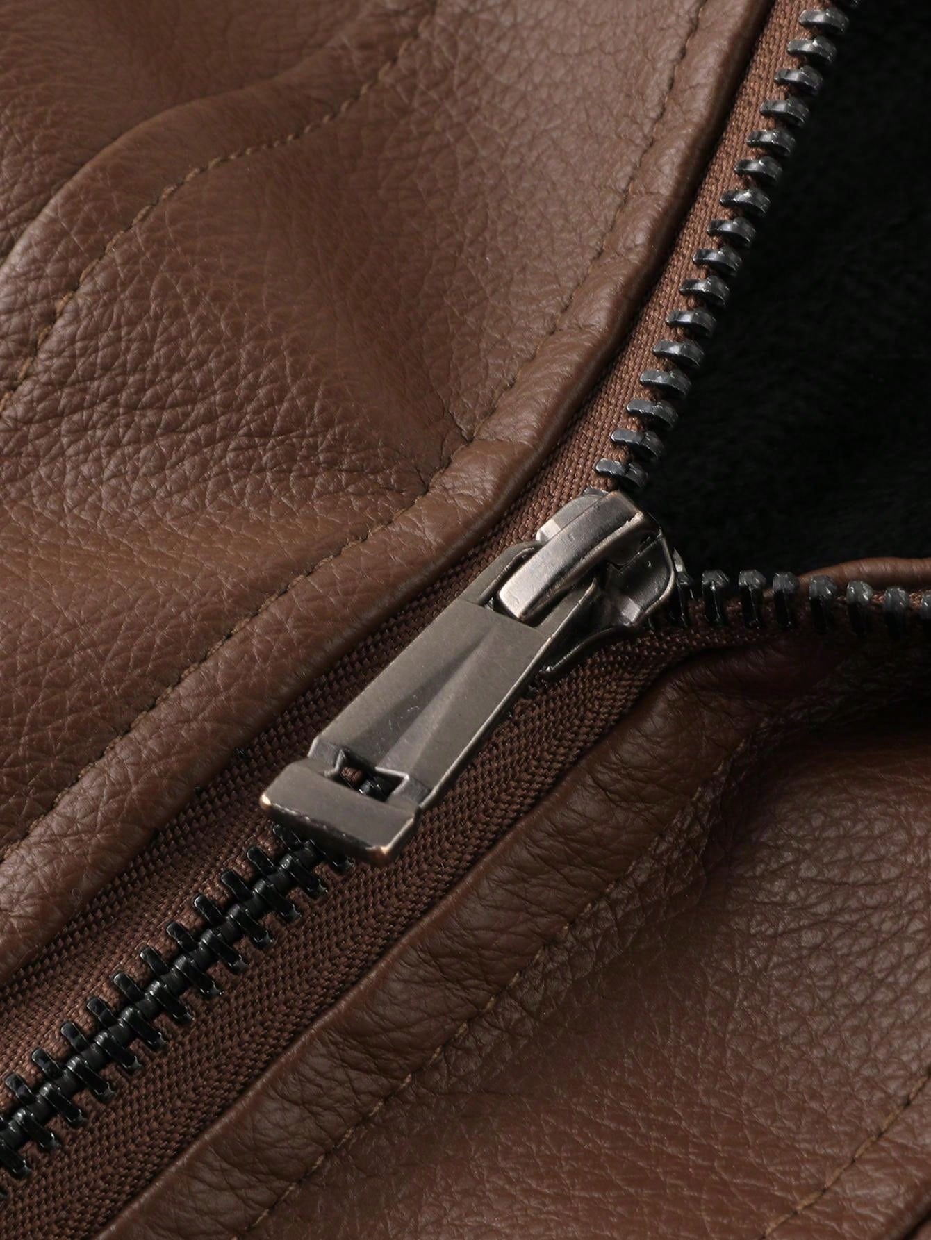 LEDUNTINO Men Fashion Zip Up Casual Outdoor Thick Fleece Biker Leather Jacket, Sports, Solid, Bomber,Boyfriend Gift, Men's Winter Fall Stand Collar,Motorcycle, Shoulder Texture, Windproof, Windbreaker Leather Jacket Spring Autumn Coat Men Coffee Brown