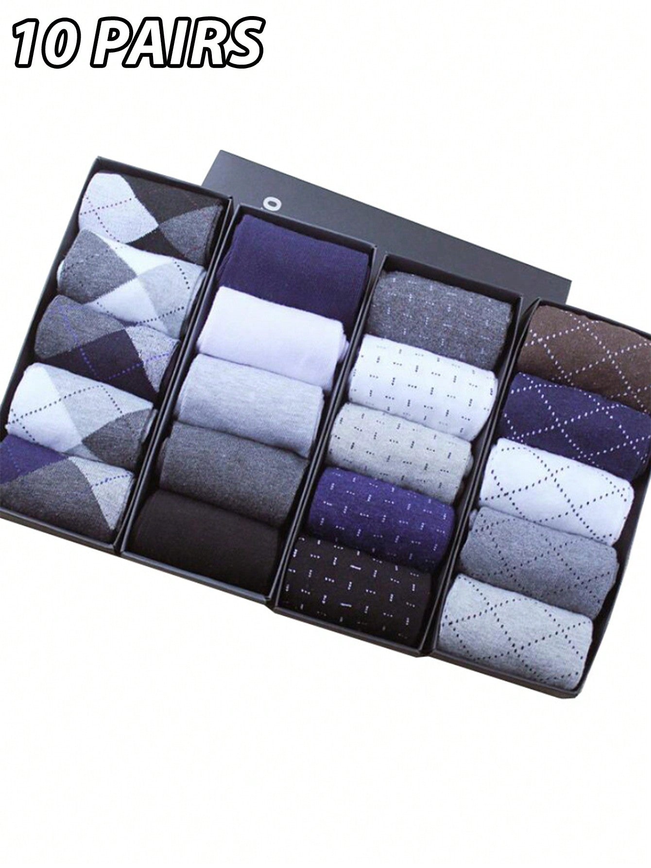 10 Pairs Men's Socks, Polyester Knitted Fabric, Geometric Pattern, Business Casual Mid-Calf & Dotted Design, Random Color (No Gift Box) Multicolor