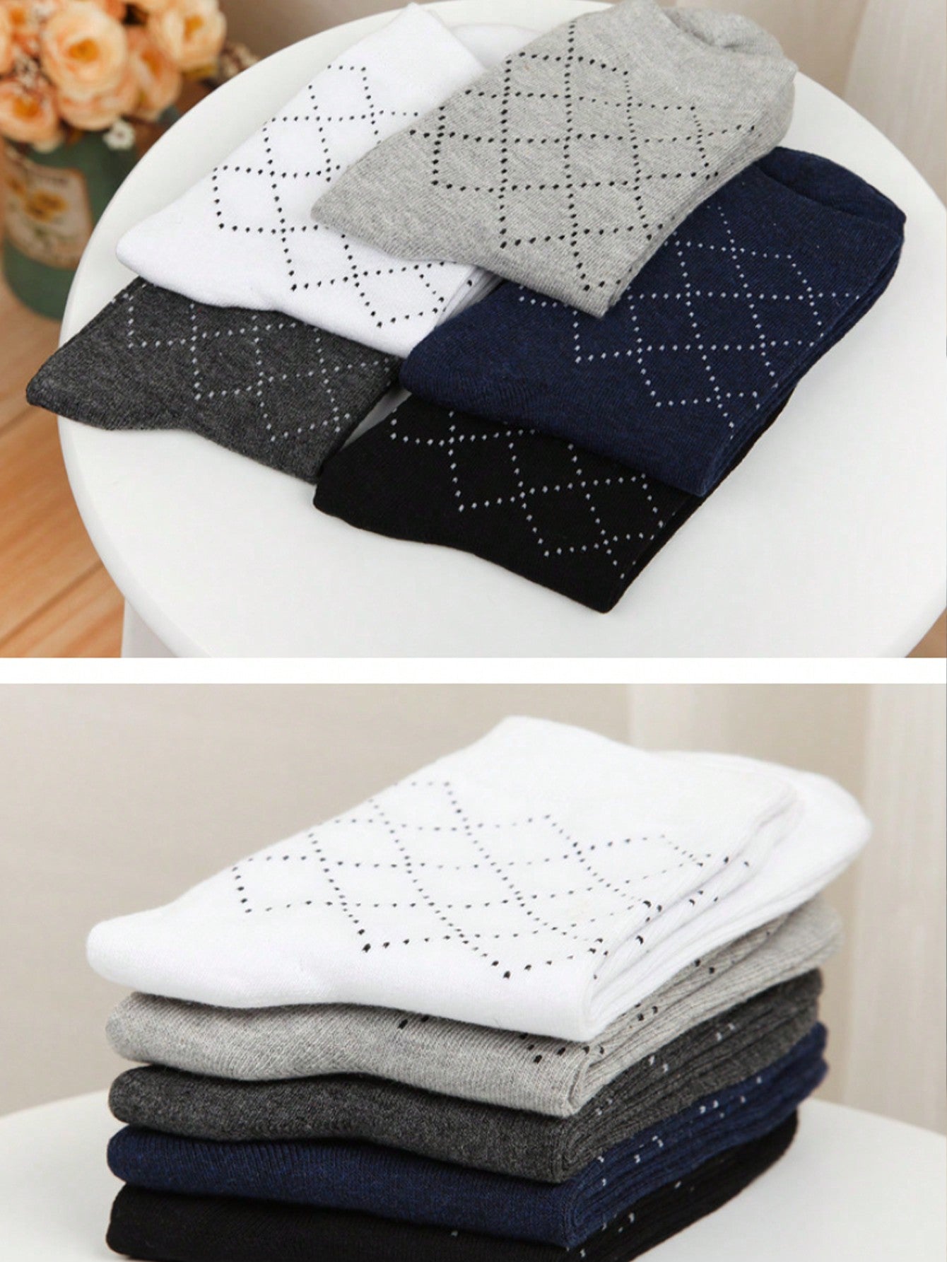10 Pairs Men's Socks, Polyester Knitted Fabric, Geometric Pattern, Business Casual Mid-Calf & Dotted Design, Random Color (No Gift Box) Multicolor