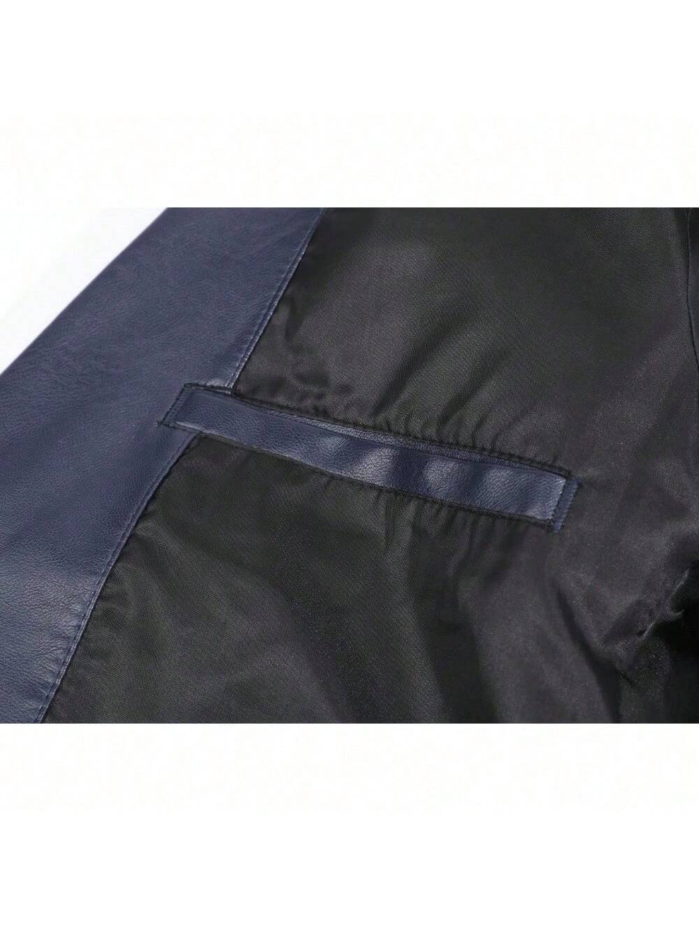 Men's Regular Fit Button Down Lined Business Leather Jacket Blazer With Pockets Navy
