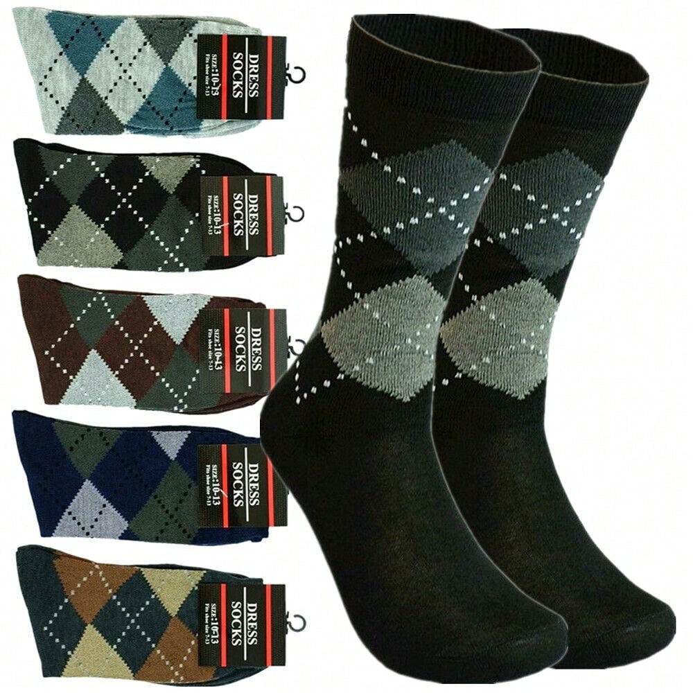 3-12 Pairs Mens Diamond Argyle Cotton Mid Calf Crew Work Dress Socks Size 10-13 12 Pairs