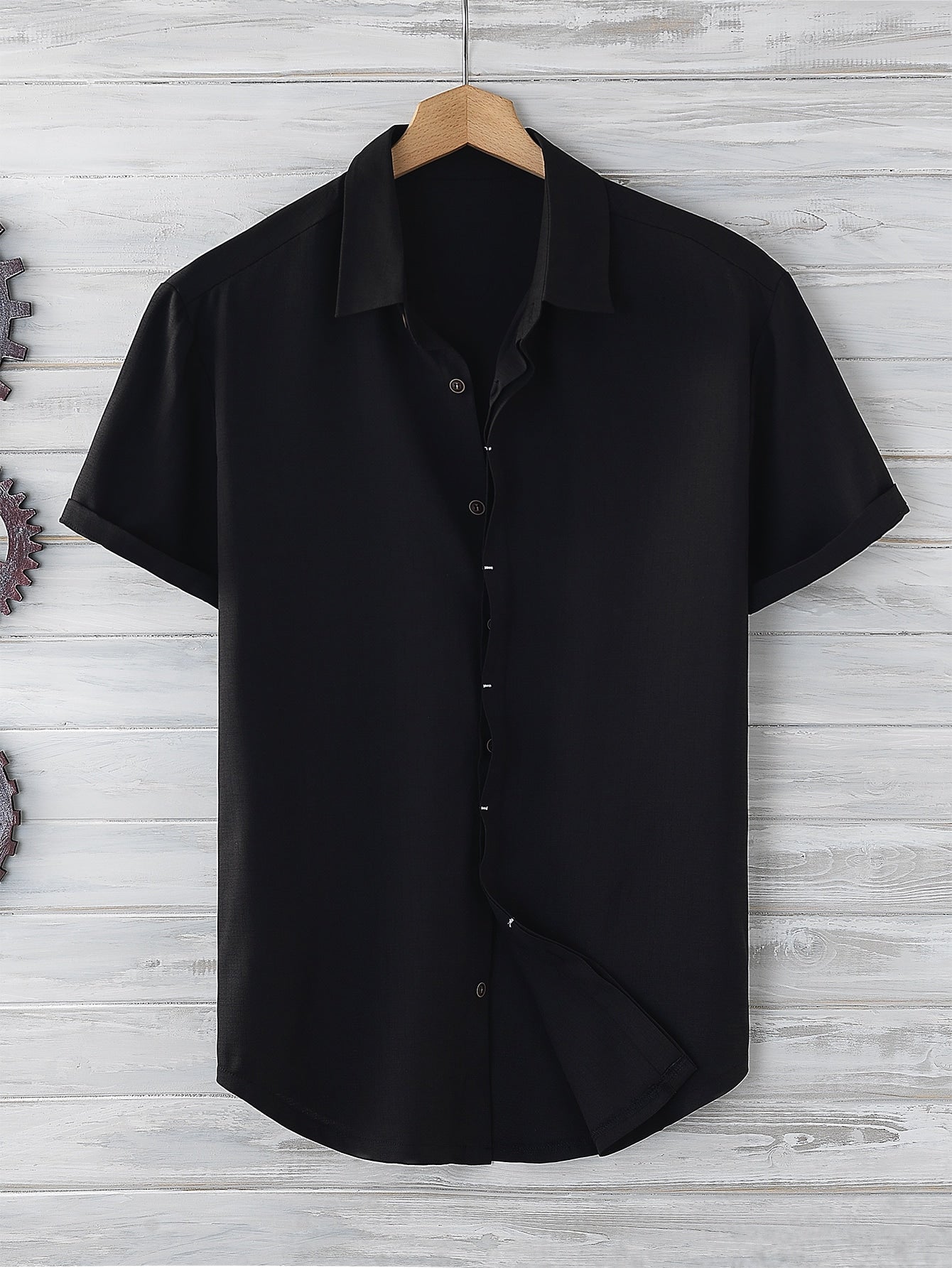 Manfinity Homme Men Button Up Curved Hem Shirt Button Up Shirt Black