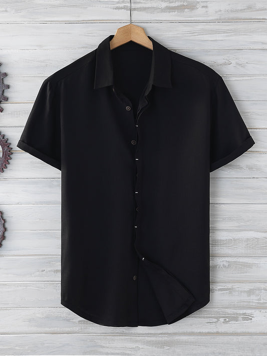 Manfinity Homme Men Button Up Curved Hem Shirt Button Up Shirt Black