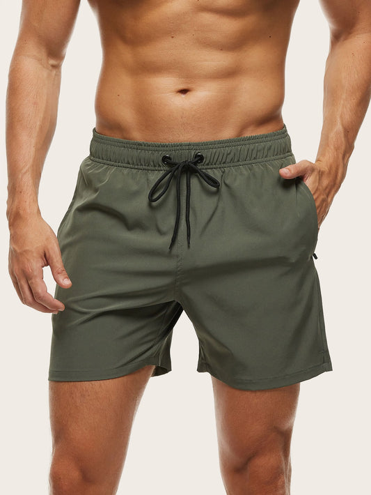 Manfinity Swimmode Men Zip Pocket Drawstring Waist Swim Trunks Army Green