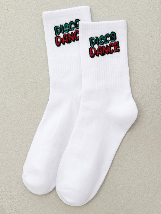 1pair Unisex Fashion Street Wear Moisture Wicking Breathable Letter Pattern Mid-Calf Socks, Suitable For Daily Wear White