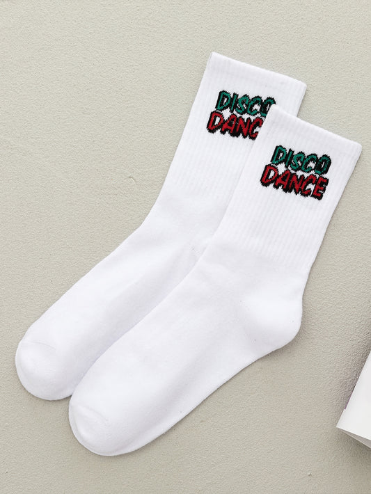 1pair Unisex Fashion Street Wear Moisture Wicking Breathable Letter Pattern Mid-Calf Socks, Suitable For Daily Wear White