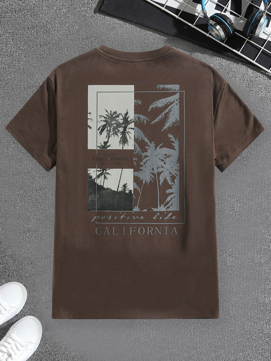 Manfinity VCAY Men T-Shirts Fit Crew Neck Short Sleeve Graphic Tee Palm Tree Casual Fashion Men Clothes Summer Chocolate Brown