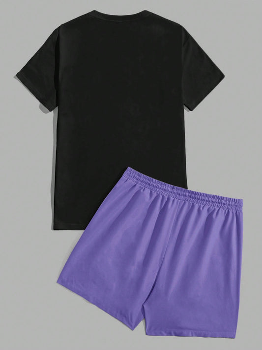 Manfinity UrbanChill Men Cartoon Graphic Tee & Drawstring Waist Shorts Violet Purple