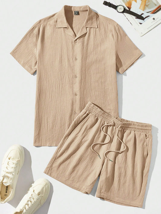 Manfinity VCAY Loose Fit Men's Solid Color Button Front Shirt & Shorts Set Khaki