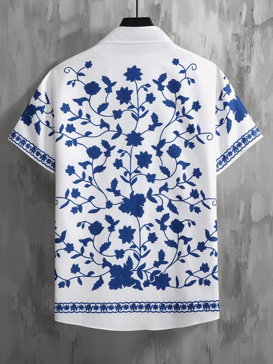 Manfinity RSRT Men Casual Floral Graphic Colorful Print Short Sleeve Shirt Without Tee, For Boyfriend Gift Blue and White