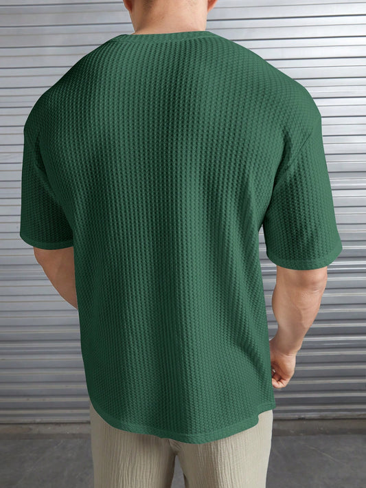 Manfinity Modomio Loose Fit Men's Solid Waffle Knit Short Sleeve Tee Dark Green