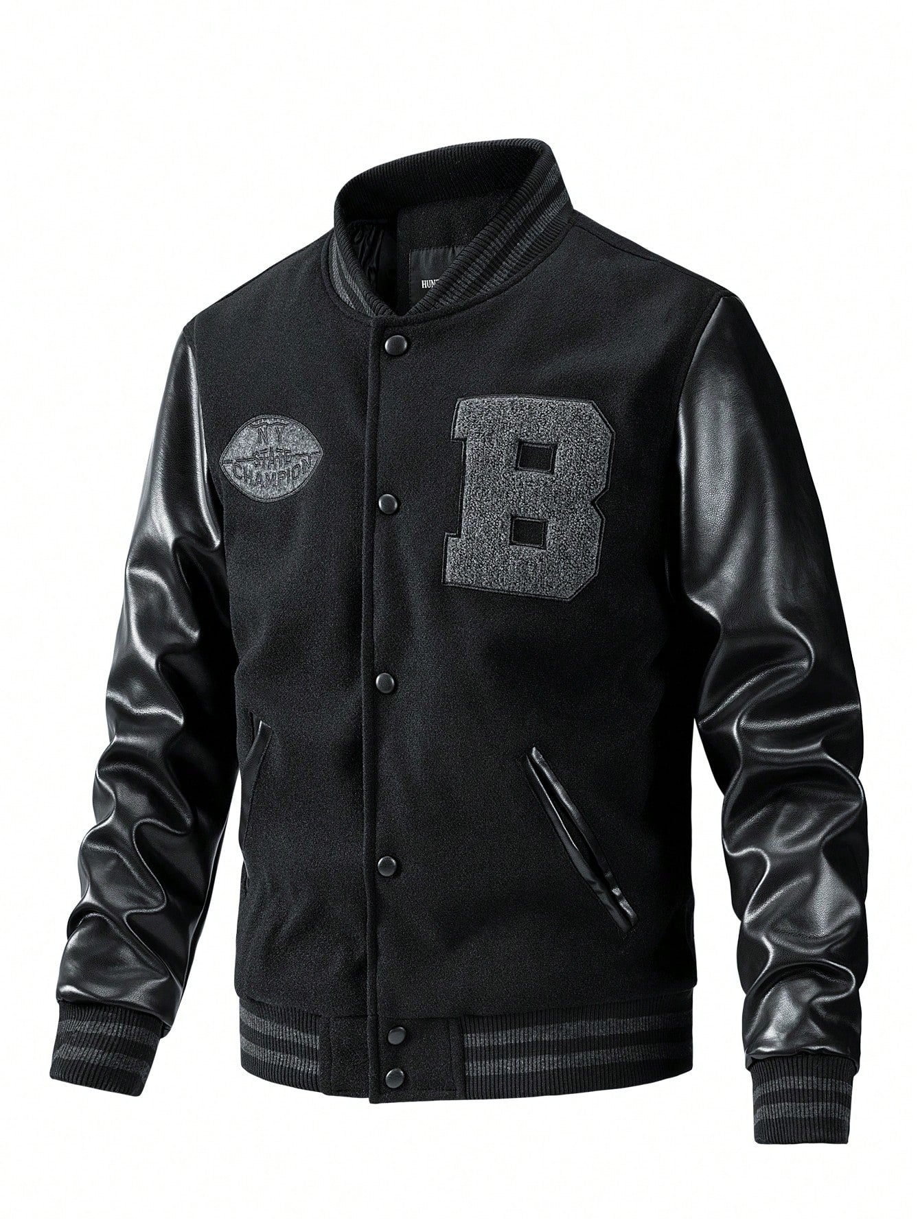 Men Letter Patched Striped Trim PU Leather Sleeve Jacket Black