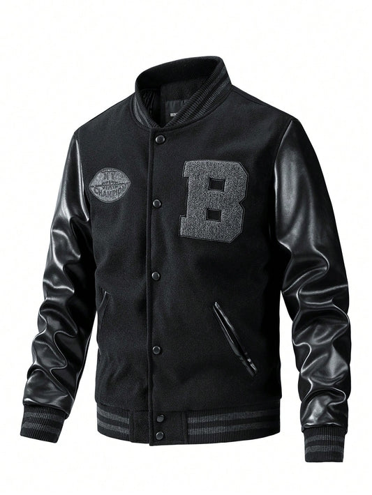 Men Letter Patched Striped Trim PU Leather Sleeve Jacket Black
