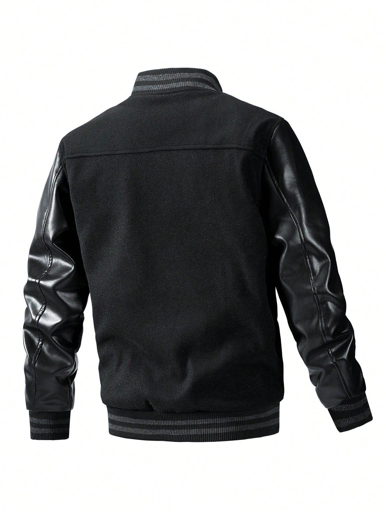 Men Letter Patched Striped Trim PU Leather Sleeve Jacket Black