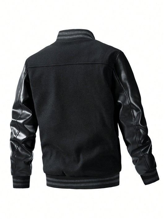 Men Letter Patched Striped Trim PU Leather Sleeve Jacket Black