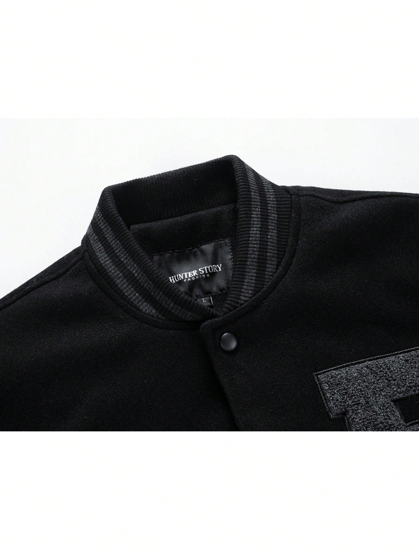 Men Letter Patched Striped Trim PU Leather Sleeve Jacket Black