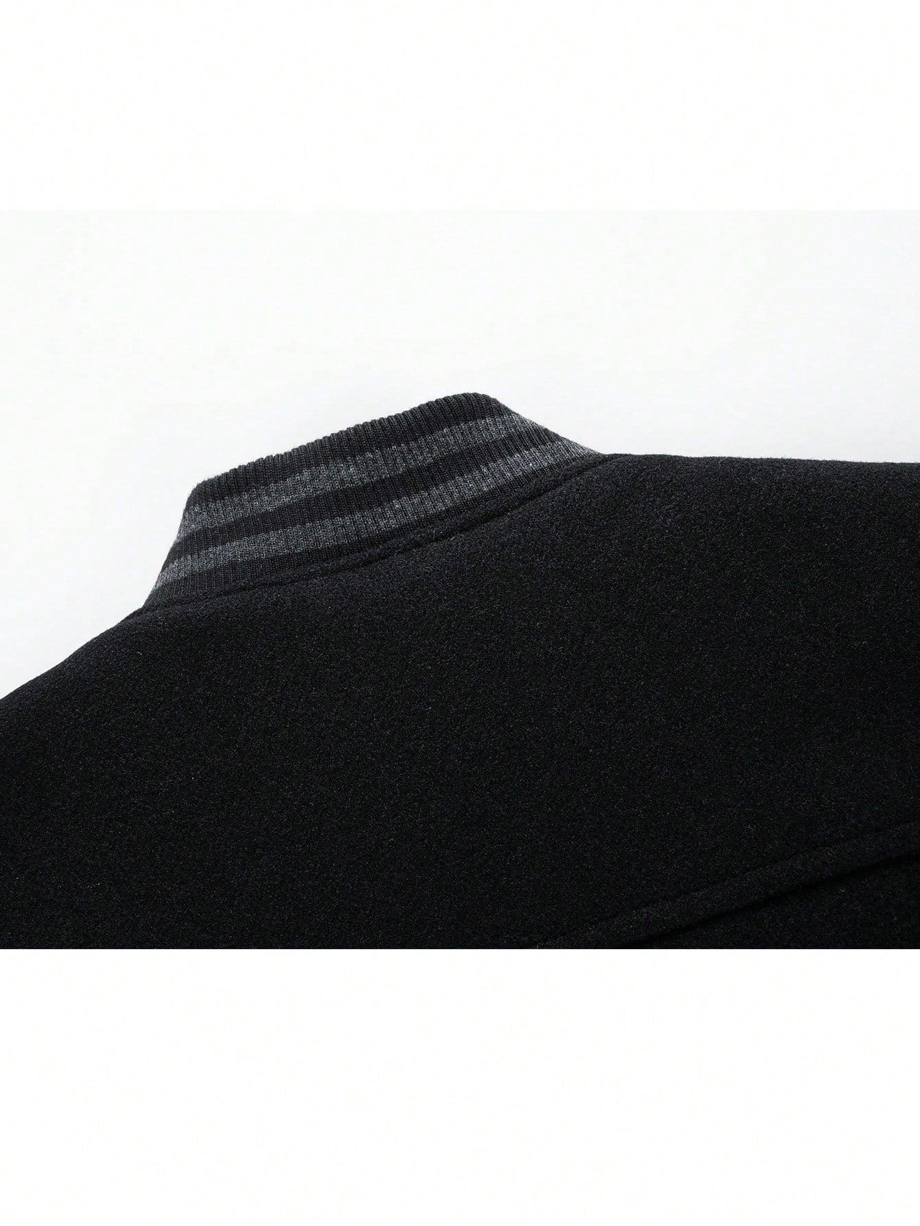Men Letter Patched Striped Trim PU Leather Sleeve Jacket Black