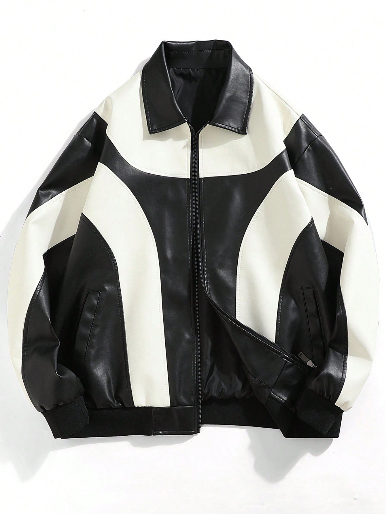 Men Two Tone Zip Up PU Leather Jacket Black and White
