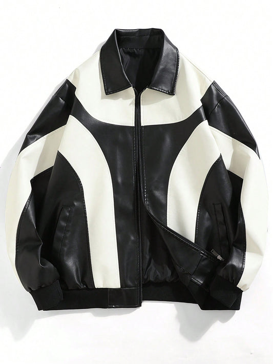 Men Two Tone Zip Up PU Leather Jacket Black and White