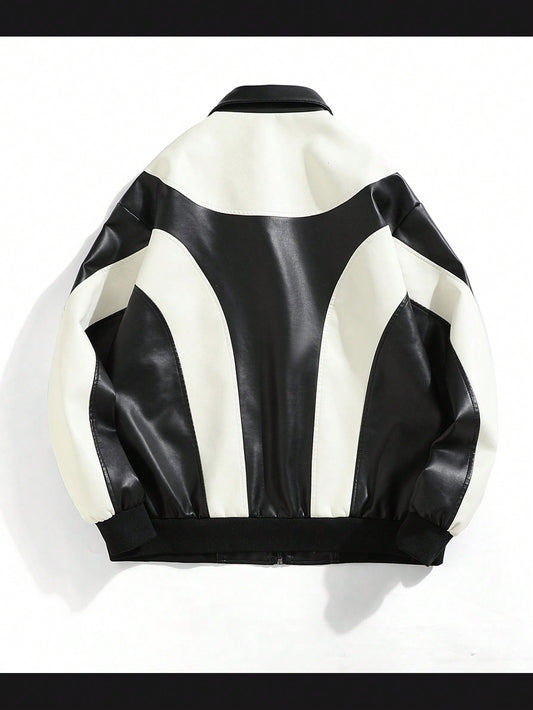 Men Two Tone Zip Up PU Leather Jacket Black and White