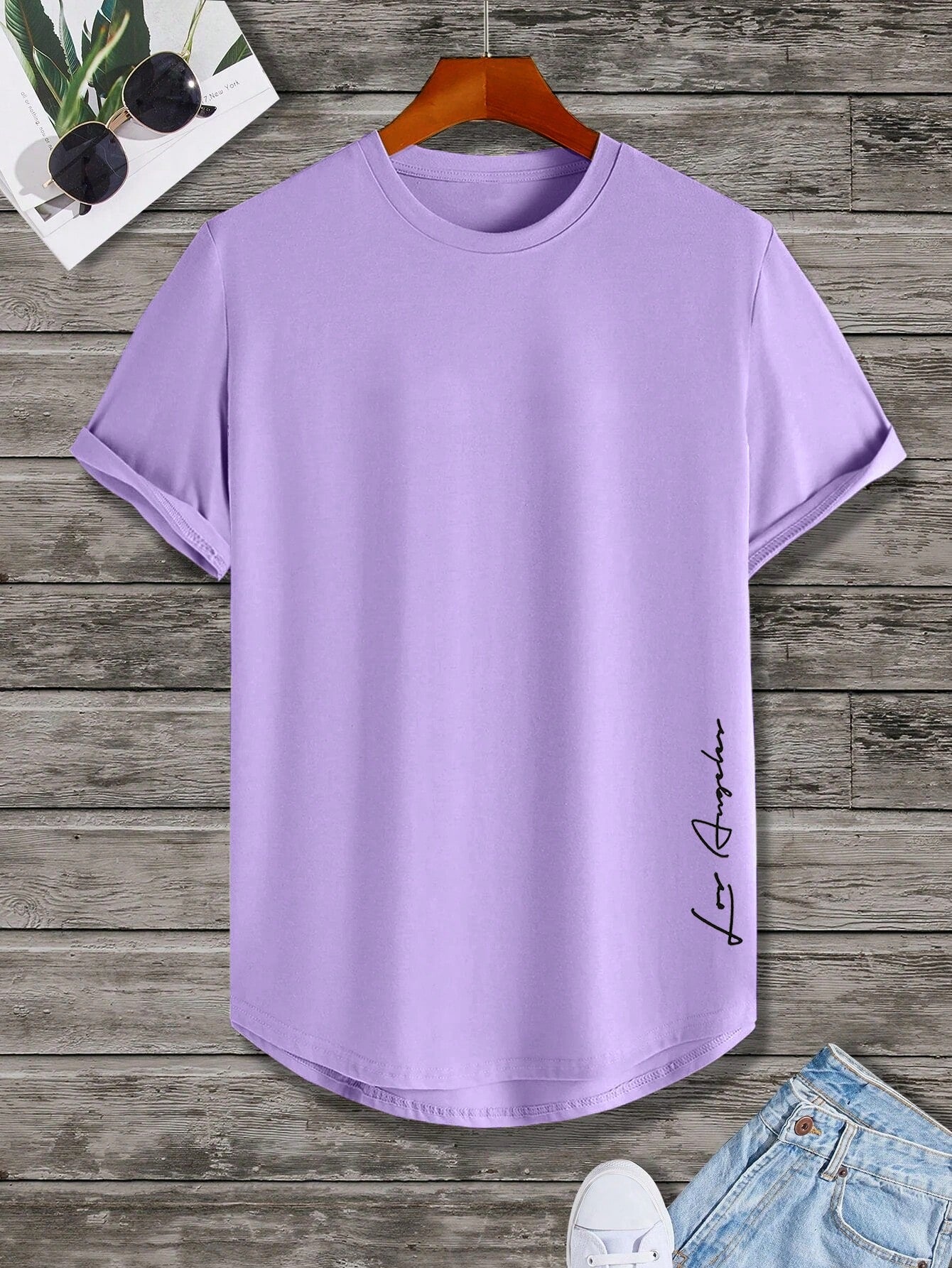 Manfinity Homme Men Letter Graphic Curved Hem Tee Purple