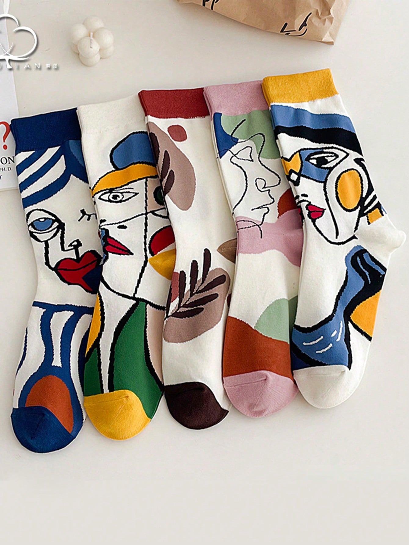 5pairs/Set Men's Colorful Face & Line Pattern Mid-Calf Socks Multicolor