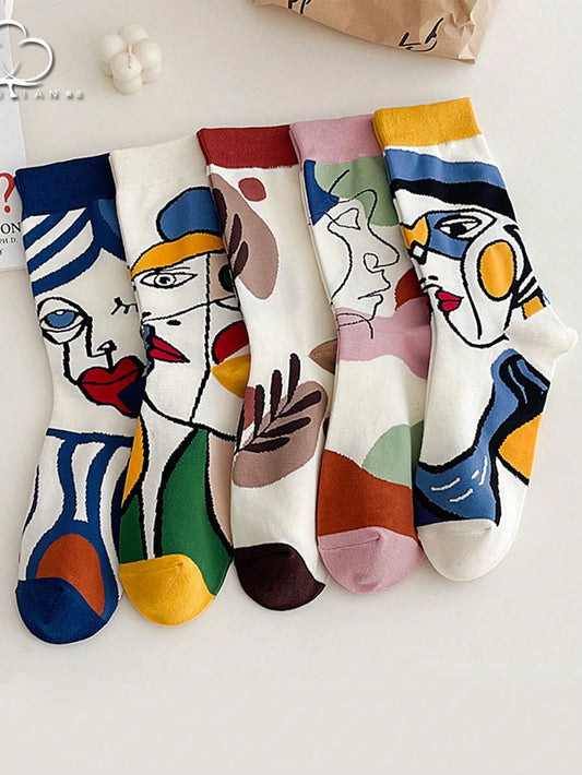 5pairs/Set Men's Colorful Face & Line Pattern Mid-Calf Socks Multicolor
