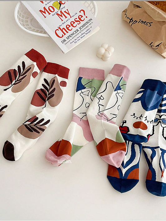 5pairs/Set Men's Colorful Face & Line Pattern Mid-Calf Socks Multicolor